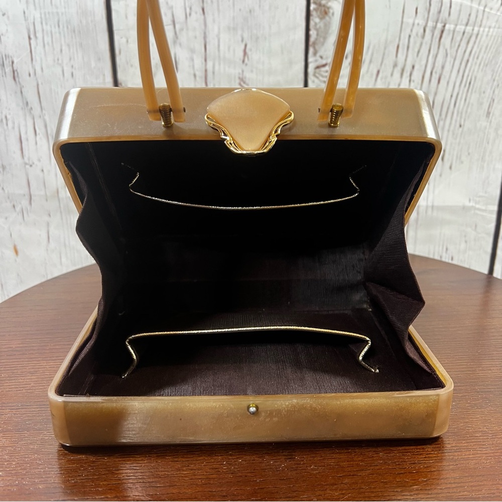 Retro Vintage Taupe Acrylic Box Bag with Gold Filigree - Picture 9 of 13